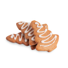 Bunch of homemade sweet spiced gingerbread cookies or crunchy biscuit dessert made of savory shortbread dough decorated with sugar icing isolated on white background baked for holiday celebration
