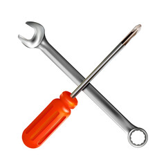 Crosshairs of realistic hand wrench and red professional screwdriver isolated on white background. 3d photo-realistic chrome metal tool. png