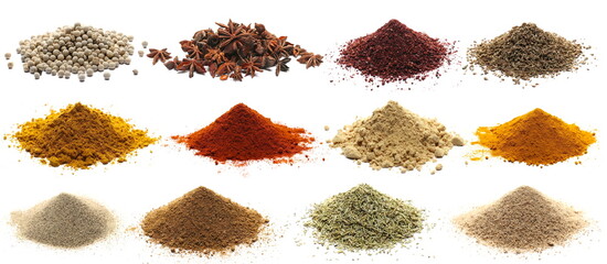 Set spice, white peppercorns, star anise, ground sumac, anise seeds, curry pile, red paprika...