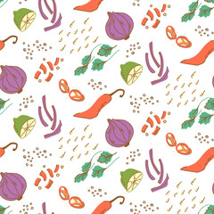 Seamless pattern with vegetables, herbs and spices on a white background. Pepper, salt, onion, lime