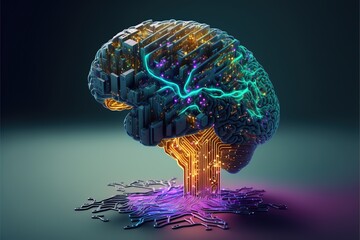 Illustration about the human brain and computer. - obrazy, fototapety, plakaty