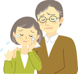イラスト素材:老夫婦が悲しい表情で肩を寄せ合い泣き合う場面（透過背景）
