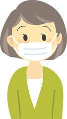イラスト素材:年配の女性が感染症対策でマスクを着用する姿（透過背景）

