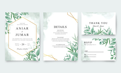 Set of wedding invitation templates with golden geometric and watercolor green leaves
