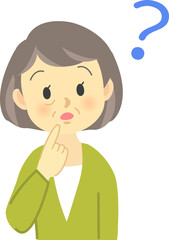 イラスト素材：かわいいおばあさんが思い出せないか分からない表情をする場面（透過背景）

