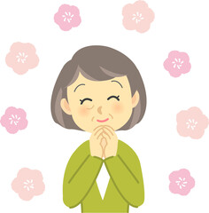 イラスト素材：かわいいおばあさんが両手合わせて花が咲いた様に喜ぶ姿　上半身（透過背景）
