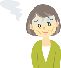 イラスト素材:体調不良シリーズ　シニア女性が白目をむいて青ざめた顔で魂の抜けた表情をする場面（透過背景）
