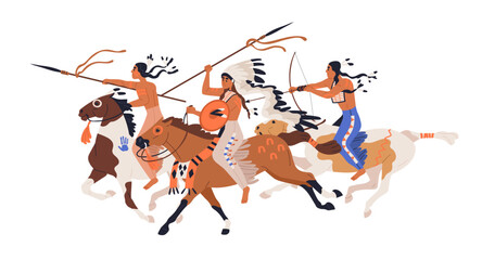 Warriors of Apache tribe, riding horseback. Armored Native American tribal horsemen, archers on horses, feathered headdress, bows and spears. Flat vector illustration isolated on white background