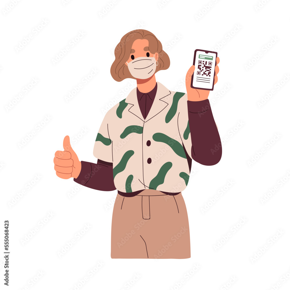 Poster digital covid vaccine certificate with qr-code on phone screen. woman in medical mask showing smartp