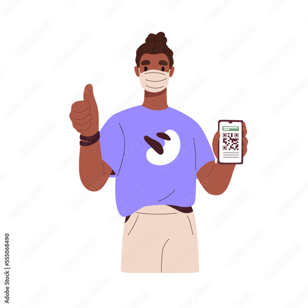 Poster Digital corona certificate with QR-code on mobile phone screen. Person with coronavirus, covid vaccine ID document on smartphone display. Flat vector illustration isolated on white background