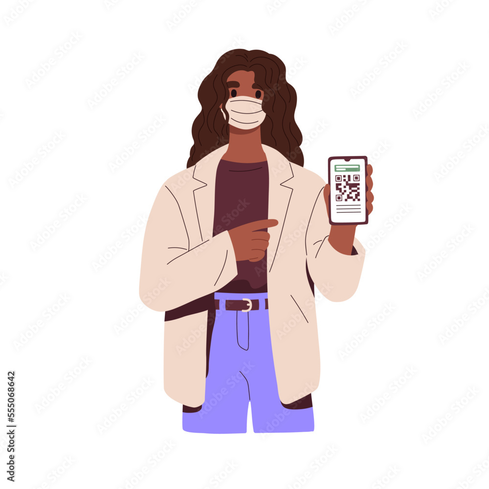 Poster digital corona vaccine certificate with qr-code. black woman showing covid vaccination document, cov
