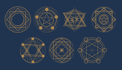 Magic circle, Mystical geometry symbol. Linear alchemy, occult, philosophical sign. Astrology and religion concept. - obrazy, fototapety, plakaty