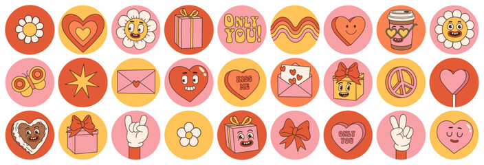 Groovy lovely hearts stickers. Love concept. Happy Valentines day. Funky happy heart, letter, gift, daisy character in trendy retro 60s 70s cartoon style. Vector illustration in pink red colors.