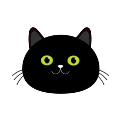 Cute cat icon. Black kitten face head silhouette. Green eyes. Funny kawaii cartoon baby character. Notebook sticker print template. Happy Valentines Day. Flat design. White background.