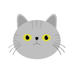 Cute cat icon. Gray striped kitten face head silhouette. Yellow eyes. Funny kawaii cartoon baby character. Notebook sticker print template. Happy Valentines Day. Flat design. White background.