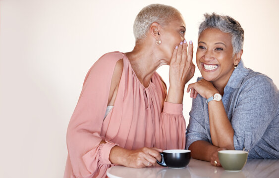 Senior women, bonding or whispering secrets in coffee shop, restaurant or cafe and funny gossip, news or story. Smile, happy or retirement elderly friends whispering in ear or sharing in rumor spread