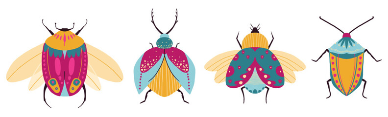 Collection of hand drawn bugs. Bug species and exotic beetles icons collection. Funny insects.