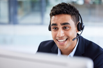 Businessman, computer or call center in telemarketing help company, customer support office or b2b...