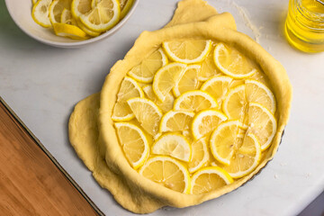 Making a lemon pie. Lemon pie filling. Top view