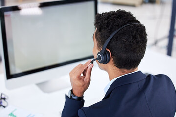 Call center, mockup and consulting with businessman at computer for telemarketing, customer service...
