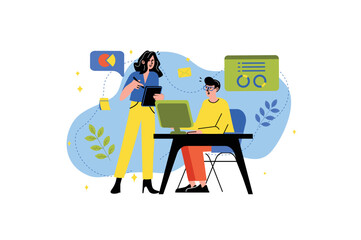 Business people concept with people scene in the flat cartoon style. Business woman explains to the new employee how work on the big business company. Vector illustration.