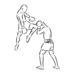 Hand sketch vector of Muay Thai or Thai Boxing. Beautiful martial art that use body parts to fight against each other. Self defense art. High kick but get defended with arm.