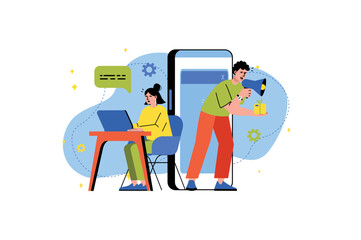 Digital marketing concept with people scene in the flat cartoon style. Two marketers advertise different goods and services on social network. Vector illustration.