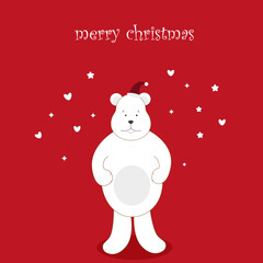 Merry Christmas card with a polar bear in a Santa Claus hat on a red background. Vector illustration