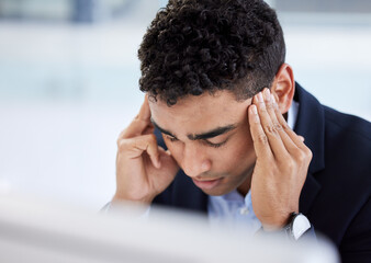 Stress headache, burnout and man in office overwhelmed with workload at computer. Mental health,...