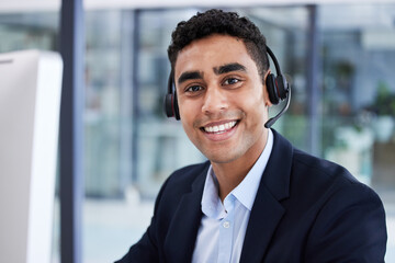 Businessman, call center and portrait smile for telemarketing, customer support or service at the...