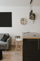 Minimalist modern home living room interior design concept. Bar counter, stool, sofa