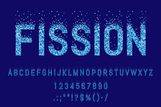 Split mosaic pixel font, fission typeface or halftone type and pool alphabet, vector typography letters. Split mosaic text font of square tiles from swimming pool or blue bits fission for ABC typeset