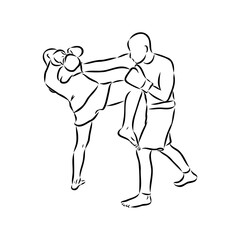 Hand sketch vector of Muay Thai or Thai Boxing. Beautiful martial art that use body parts to fight against each other. Self defense art. High kick but get defended with arm.