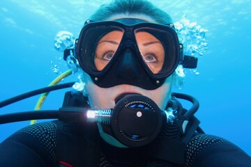 Woman scuba diver face close up, underwater selfie.