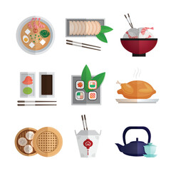 Asian food flat icons with shadows and colorful circles isolated on white background