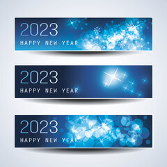 Fototapeta na wymiar Set of Sparkling Shimmering Ice Cold Blue Horizontal Christmas, Happy New Year Headers or Banners for Web, Vector Design Template - 2023