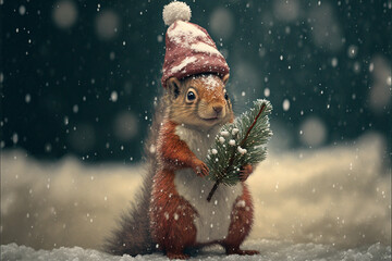Little tiny squirrel dressed up as Santa Claus on snowing - obrazy, fototapety, plakaty