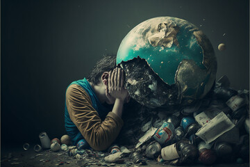 Concept of plastic world. Earth contamination with garbage.