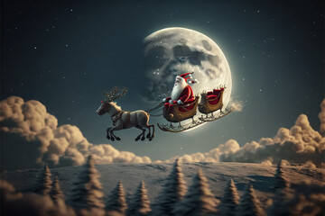Naklejka premium Merry Christmas and happy holidays! Santa Claus flying in his sleigh on background moon sky. Christmas story concept.