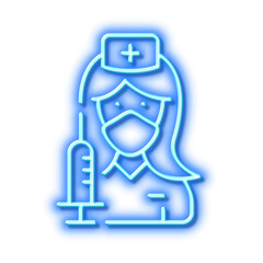 Vaccination line icon. Nurse with syringe sign. Neon light effect outline icon.