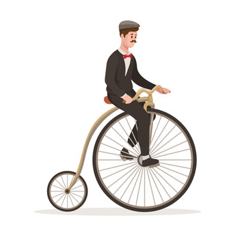 man riding vintage old bike big wheel cartoon illustration vector