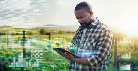 Digital, tablet and future with black man on farm for sustainability, agriculture and planning....