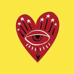 Freaky Magical red heart with an all-seeing eye. Valentine's Day Card in modern doodle style. Vector illustration