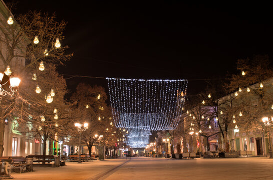 Novi Sad - Zmaj Jova's street at night with a x-mass decoration 