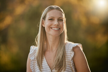 Face portrait, smile and happy woman on vacation, holiday or trip outdoors. Relax, freedom and...