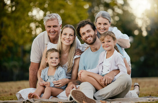 Family Picnic, Park Portrait And Smile With Kids, Parents Or Grandparents For Bonding Together, Love Or Relax. Happy Family, Nature And Generation Care With Children, Mom And Dad In Summer Sunshine