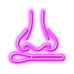 Nasal swab test line icon. Nose with cotton swab sign. Neon light effect outline icon.