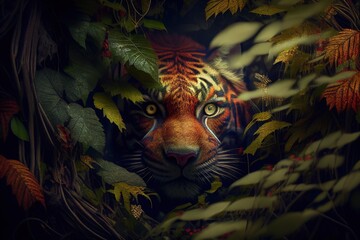 Photorealistic portrait of the tiger hiding in the jungle foliage. Generative art