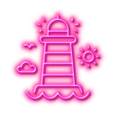 Lighthouse line icon. Beacon tower sign. Searchlight. Neon light effect outline icon.