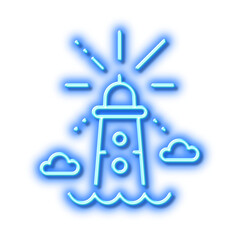 Obraz premium Lighthouse line icon. Beacon tower sign. Searchlight. Neon light effect outline icon.